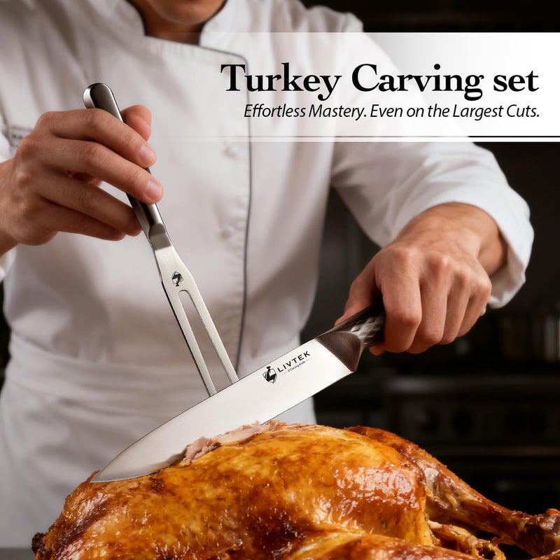 Livtek Carving Knife and Fork Set 8" Slicing Knife and 7" Fork - German High Carbon Stainless Steel - Brisket Slicer, Turkey Carving, BBQ Tools - Thanksgiving Dinner Gift Set - Image 2